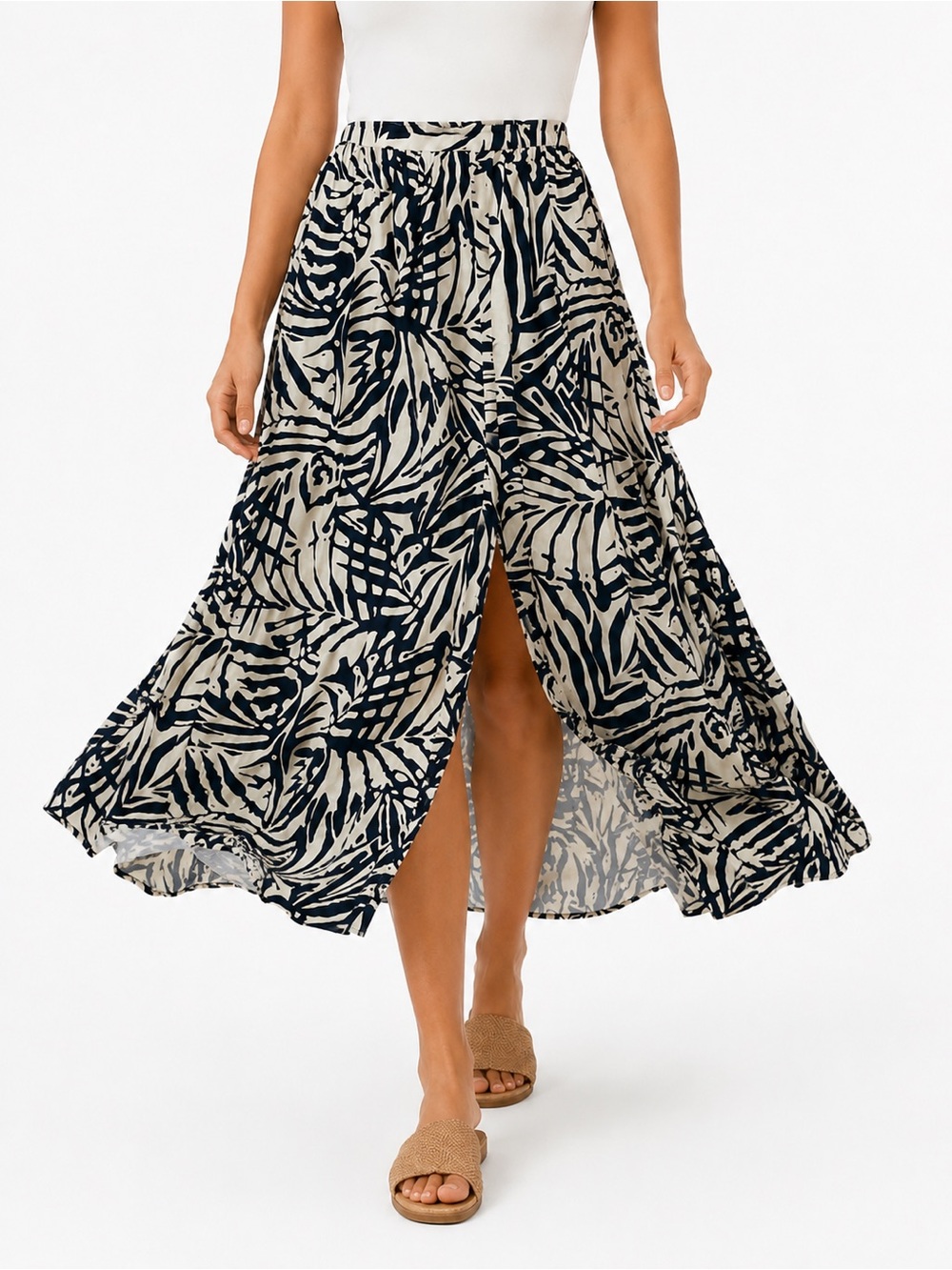 Patrons of Peace High-Waist Navy and Cream Tropical Print Maxi Skirt